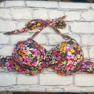 California Waves Black Multi Floral Halter Bikini Top
